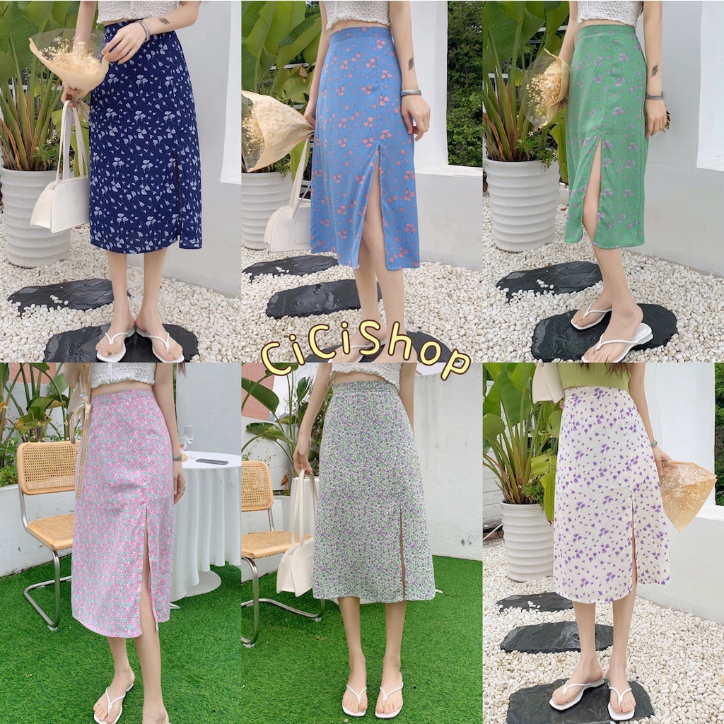 ภาพหน้าปกสินค้าCicishop(267) Skirt กระโปรงทรงเอดีเทลผ่าข้างพิมพ์ลาย สไตล์สายหวาน