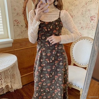 ஐ▫☸สายเดี่ยวฤดูใบไม้ร่วงและฤดูหนาวปี 2020 ชุดเดรสแขวนผ้าลูกฟูกลายดอกไม้ย้อนยุคใหม่กับเสื้อแขนยาวชีฟอง bottoming เสื้อ