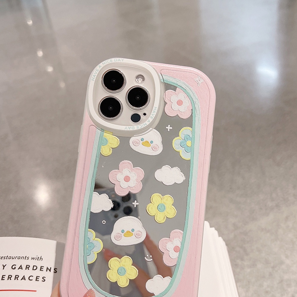 เคสโทรศัพท์มือถือ-แบบนิ่ม-ลายภาพวาดสีน้ํามัน-รูปเป็ด-และดอกไม้-มีกระจกแต่งหน้า-สําหรับ-iphone-11-12-13-pro-max-mini-xr-xs-7-8-plus
