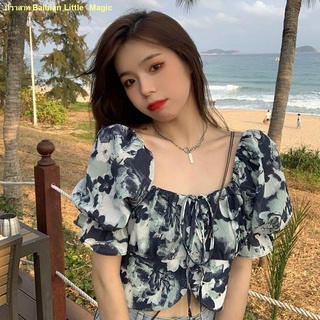 🍭คะนอง🍭เสื้อเชิ้ตมัดย้อมผู้หญิงย้อนยุค 2022 ใหม่แขนสั้นผ้าพัฟแขนสั้น
