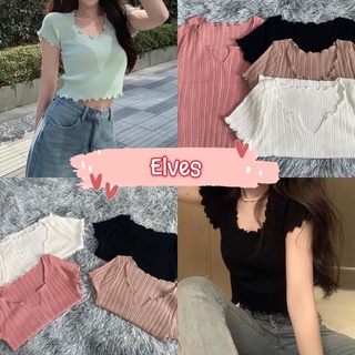 Elves✨พร้อมส่ง✨ เสื้อไหมพรมแขนสั้น คอวี ดีเทลผ้าร่องผ้าบาง ปลายหยักๆใส่สบายมาก ~37019~ -C