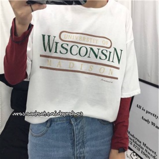 TJเสื้อแฟชั่น คอกลม แขนสั้น ลาย Wisconsin สีขาว รหัสสินค้า ST6623 ขาว