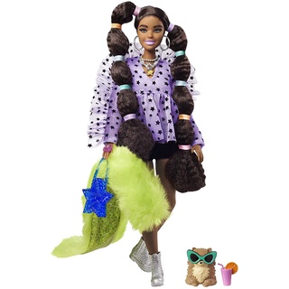 Barbie Extra Doll &amp; Accessories with Long Pigtails &amp; Rainbow Hair Ties in Shorts &amp; Furry Shrug with Pet Pomeranian GXF10 ตุ๊กตาบาร์บี้ พร้อมหางหมูยาว และยางมัดผม สีรุ้ง และกางเกงขาสั้น ขนฟู สําหรับตุ๊กตาบาร์บี้ GXF10