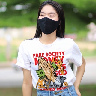 สกรีนเสื้อ 77DESIGN เสื้อยืดแฟชั่น FAKE SOCIETY เนื้อผ้าคัตตตอน นุ่มใส่สบาย