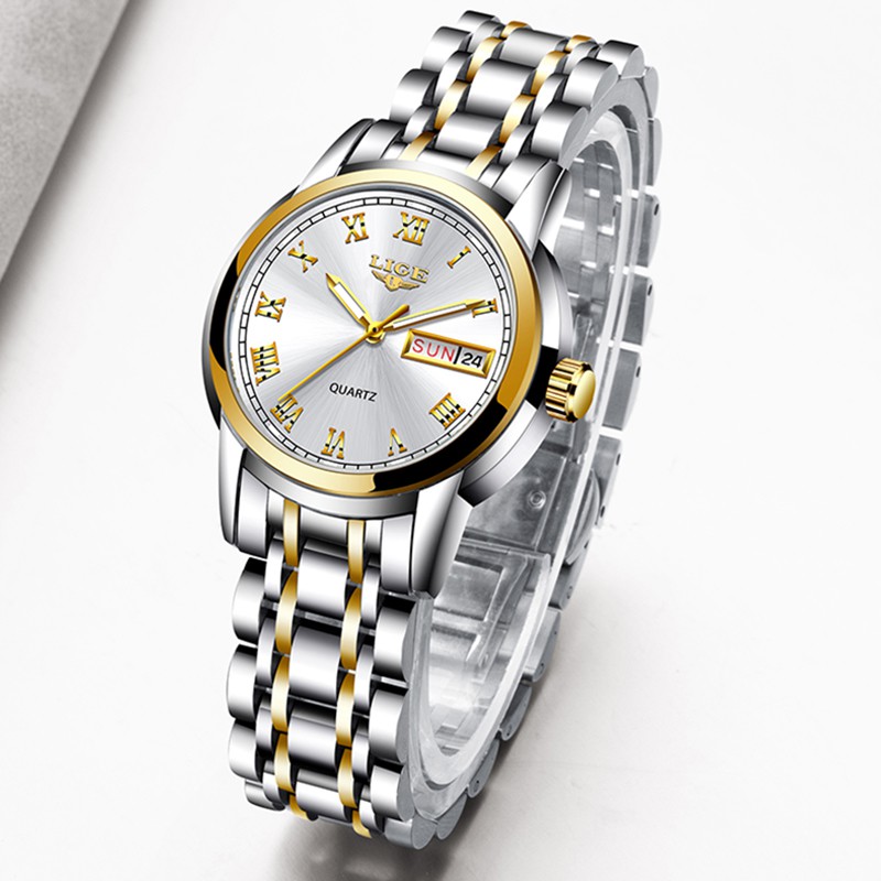 lige-นาฬิกาผู้หญิงนาฬิกาสแตนเลสแบบสองปฏิทินควอตซ์