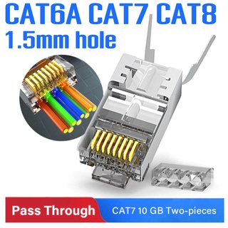 RJ45 Cat8 Cat7 &amp; Cat6A Pass Through connectors 8P8C 50UM Gold Plated Shielded หัวทะลุ RJ45 Network Modular Plug - 1.5mm