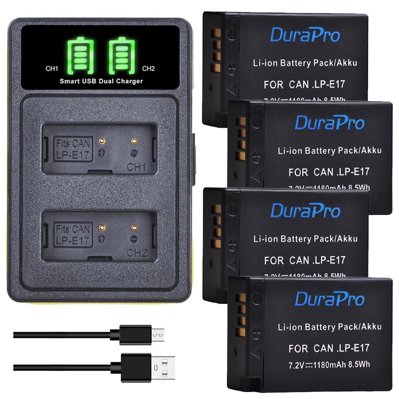 DuraPro 4 x 1180mAh LP E17 LPE17 Camera Battery + LED USB Dual Charger