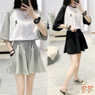 สต็อกไทย❌FF ชุดเซ็ตสีทูโทน เสื้อแขนสั้นโอเวอร์ไซส์ ปักลายเล็กๆที่หน้าอก กางเกงขาสั้น ทรงขาบาน 2สี