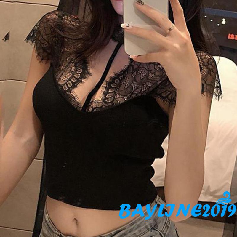 bay-เสื้อยืดครอปท็อป-คอวี-แขนสั้น-ผ้าลูกไม้-ลายดอกไม้-สีดํา-แฟชั่นฤดูร้อน-สําหรับผู้หญิง