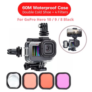 ภาพหน้าปกสินค้าเคสกันน้ำ+ฟิลเตอร์ 4 สี GoPro Hero11 10 9 8 Black Protective Housing with Double Cold shoe + 4 Filters Diving Lens ที่เกี่ยวข้อง