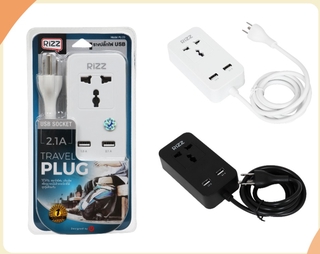 67aav ปลั๊กไฟ รางปลั๊กไฟ ปลั๊ก3ตา + 2 USB Charger 2.1A แบบพกพา สายยาว 1.5-3 เมตร Rizz(ริซ) Travel Plug with USB Socket