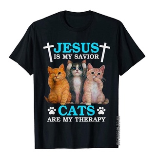 เสื้อยืดผ้าฝ้าย พิมพ์ลายการ์ตูนแมว Jesus Is My Savior Are My Therapy Christian Cat สําหรับผู้ชายเสื้อยืดอินเทรนด์