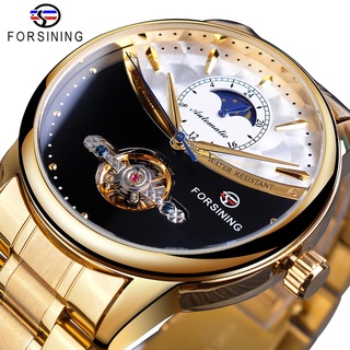 Forsining Men Watch Automatic Golden Sun Moon Phase Steel Band Tourbillon Black White Face Business Mechanical Reloj Hom