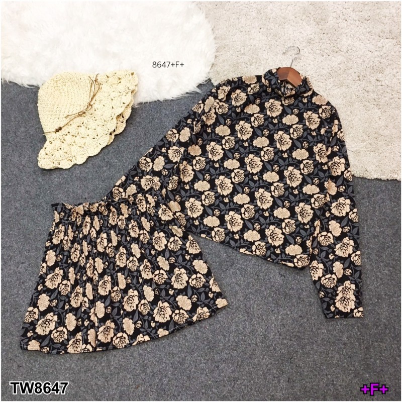 set-เสื้อคอปีนแขนยาว-พิมพ์ลายดอกไม้-กระโปรงระบายอัดพลีท
