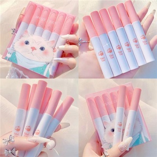 MUGE LEEN Sucking Cat Girl Lip Glaze ชุดลิปกลอส 6 ชิ้น ชุดลิปสติกให้ความชุ่มชื้นยาวนาน