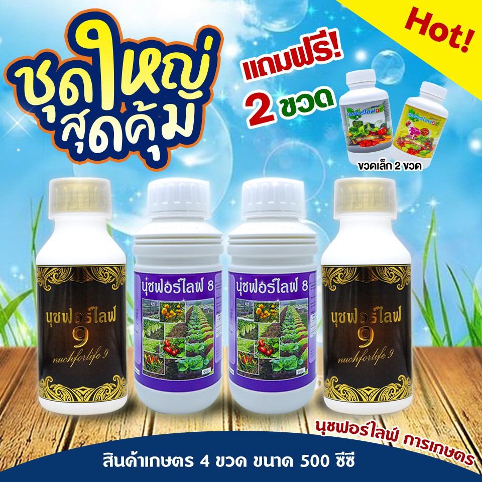 นุชฟอร์ไลฟ์8-9-ชุดใหญ่-4-ขวด-500-ซีซี-แถม-2-ขวดเล็ก-อาหารเสริมพืช-สินค้าเกษตร-บำรุงพืช-ปุ๋ย