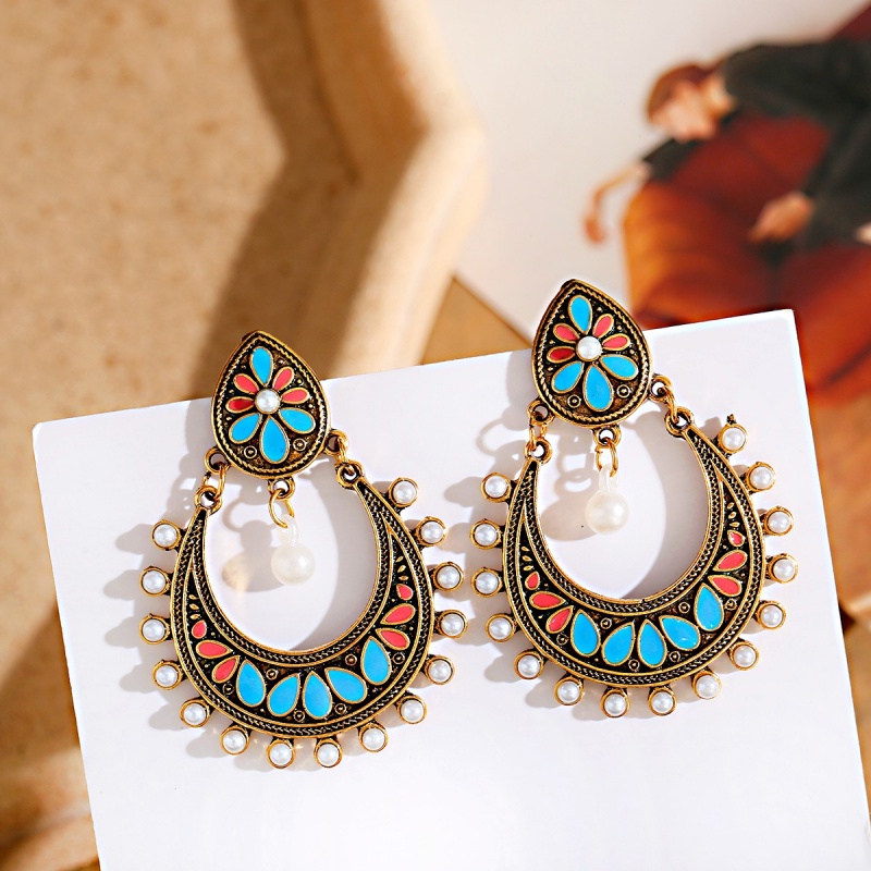 jhumka-ต่างหูระย้า-ประดับมุก-รูปดอกไม้-สีฟ้า-สไตล์โบฮีเมียน-วินเทจ-สีทอง-เครื่องประดับแฟชั่นสตรี