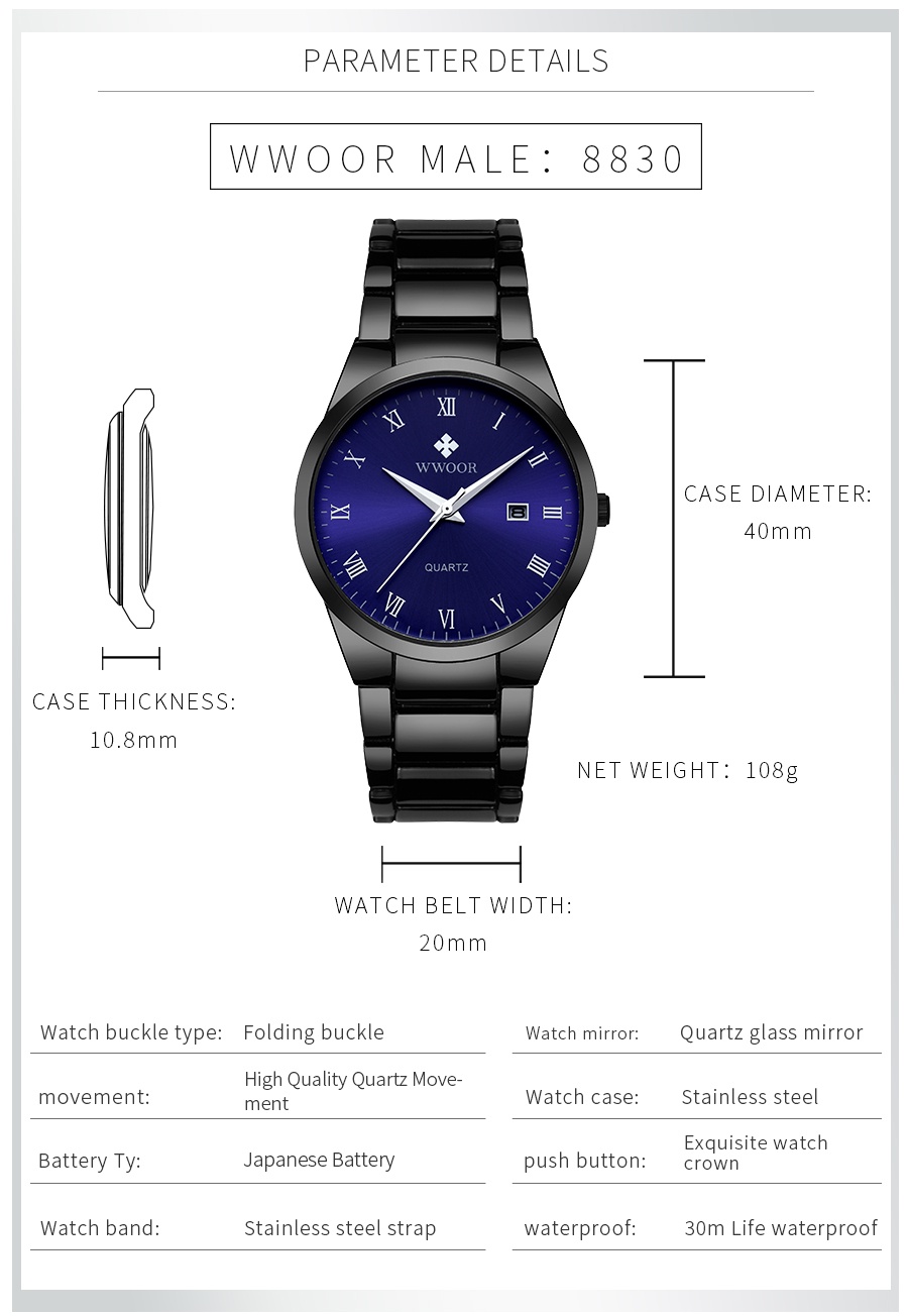 ข้อมูลเพิ่มเติมของ WWOOR นาฬิกาควอตซ์ กันน้ำ สายสเตนเลส สินค้าแฟชั่น สำหรับผู้ชาย-8830
