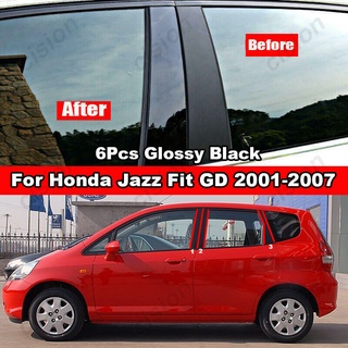 สติกเกอร์คาร์บอนไฟเบอร์ สีดําเงา สําหรับติดเสาประตูหน้าต่างรถยนต์ Honda Jazz Fit GD GE GK GS GR 2001-2022 6 ชิ้น