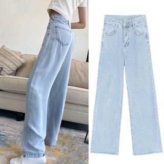 สินค้า 【S/M/L】กางเกงยีนส์ของผู้หญิงในฤดูใบไม้ผลิและฤดูใบไม้ร่วงใหม่เวอร์ชั่นเกาหลีเอวสูงตรงผอมบางกางเกงขากว้าง น้ำเงินอ่อน