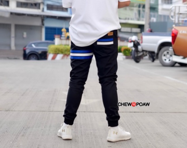 jogger-pants-สีดำแถบน้ำเงิน-ขาว-น้ำเงิน