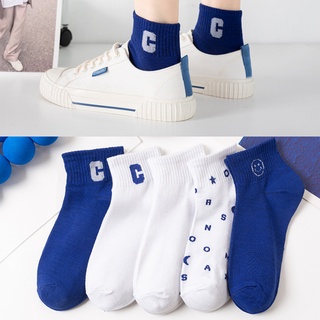(W-150) ถุงเท้ากีฬา สีน้ำเงิน ถุงเท้าข้อกลาง แฟชั่น ลายน่ารัก เนื้อผ้านุ่ม พร้อมส่ง