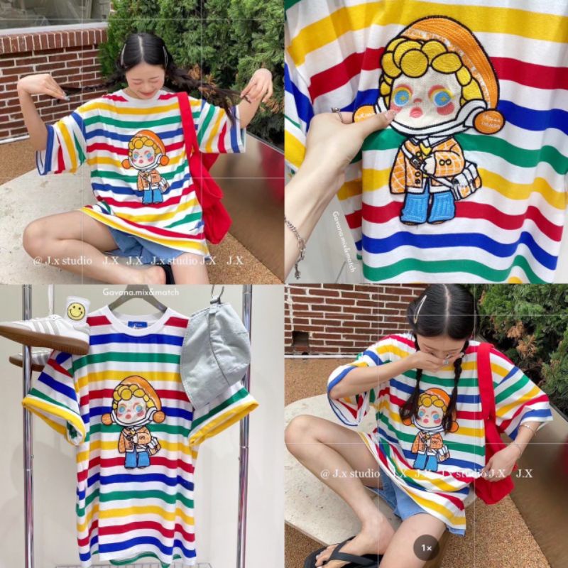 ทักก่อนสั่ง-เสื้อยืด-oversize-ลายริ้ว-rainbow-อก50-gavana