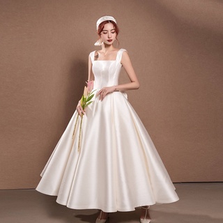 ชุดแต่งงานผ้าซาตินรูปแบบใหม่แฟชั่นที่เรียบง่ายแขนกุดเจ้าสาวแต่งงานภาพถ่ายฮันนีมูนชุดสีขาว