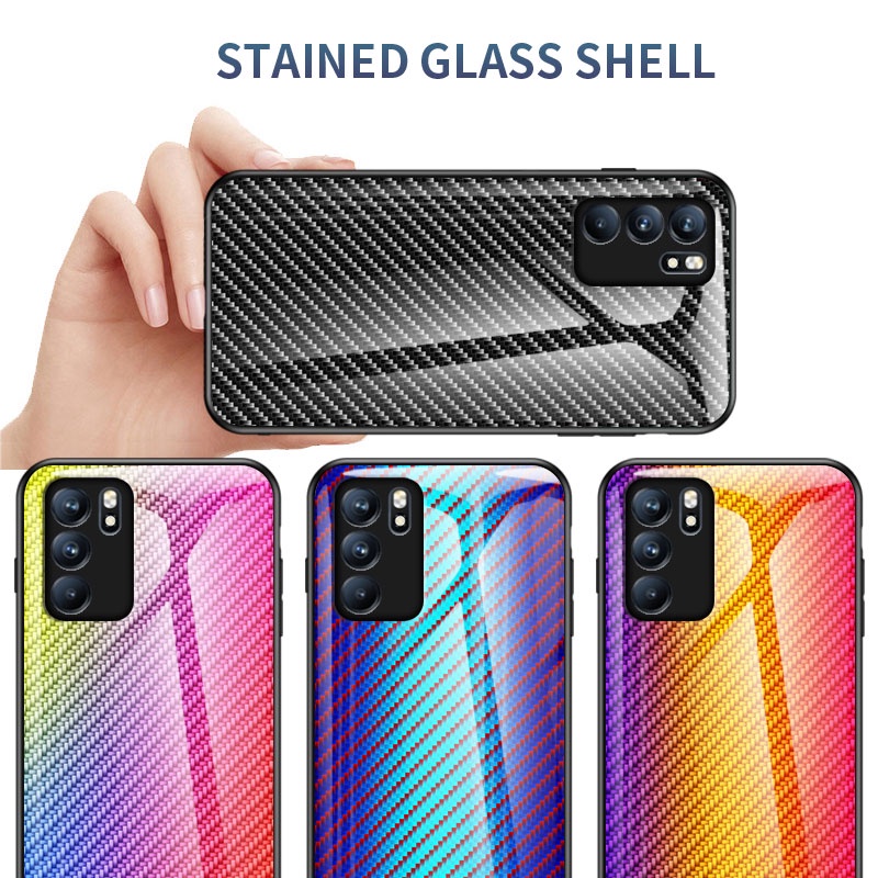 เคส-oppo-reno6-z-5g-reno6-5g-reno5-reno5-pro-hardcase-carbon-fiber-pattern-tempered-glass-casing-silicon-soft-edges-shell-cover-เคสโทรศัพท์-oppo-reno-6-6z-5-5pro-5g-phone-case