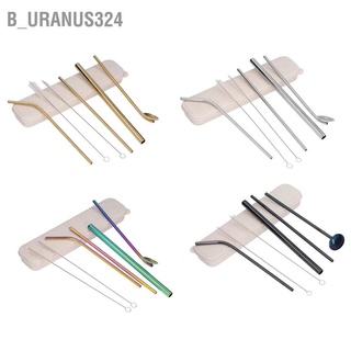 B_uranus324 Portable 304 Stainless Steel Drinking Straws Spoon Set Reusable Cocktail with 2 Cleaner Brush