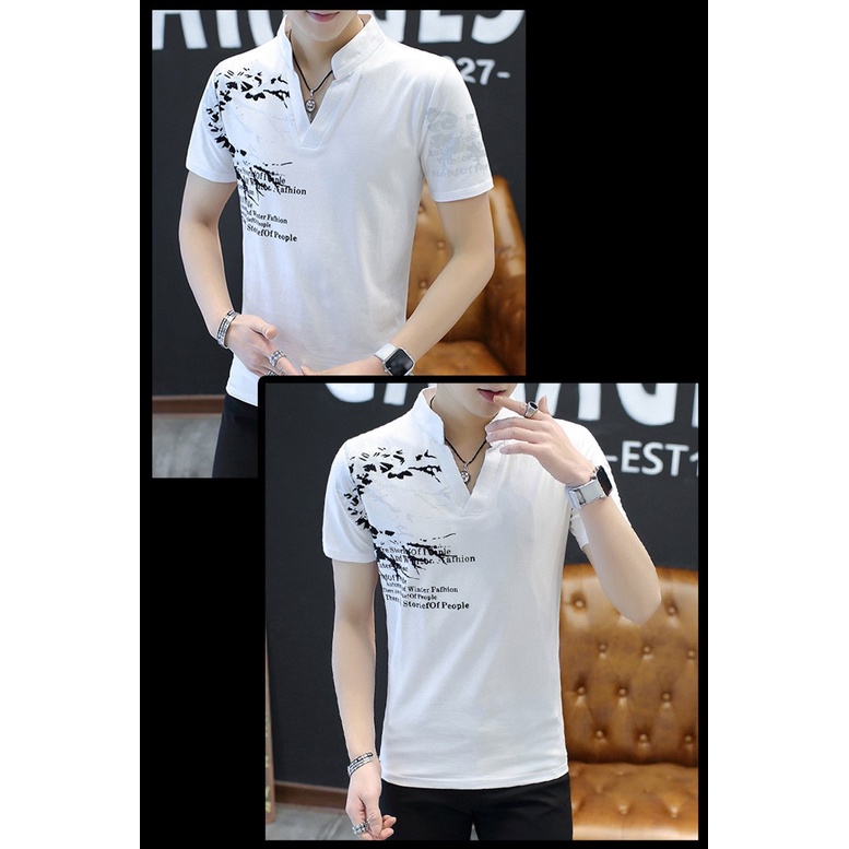 เสื้อยืดแขนสั้นคอจีน-สไตล์เกาหลี-รหัส-v002-สีขาว