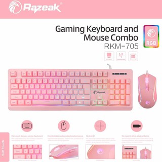 Razeak RKM-705 Pink Set Combo มีไฟ RGB ชุดคู่ เมาส์ คีย์บอร์ด สีชมพู Keyboard Mouse