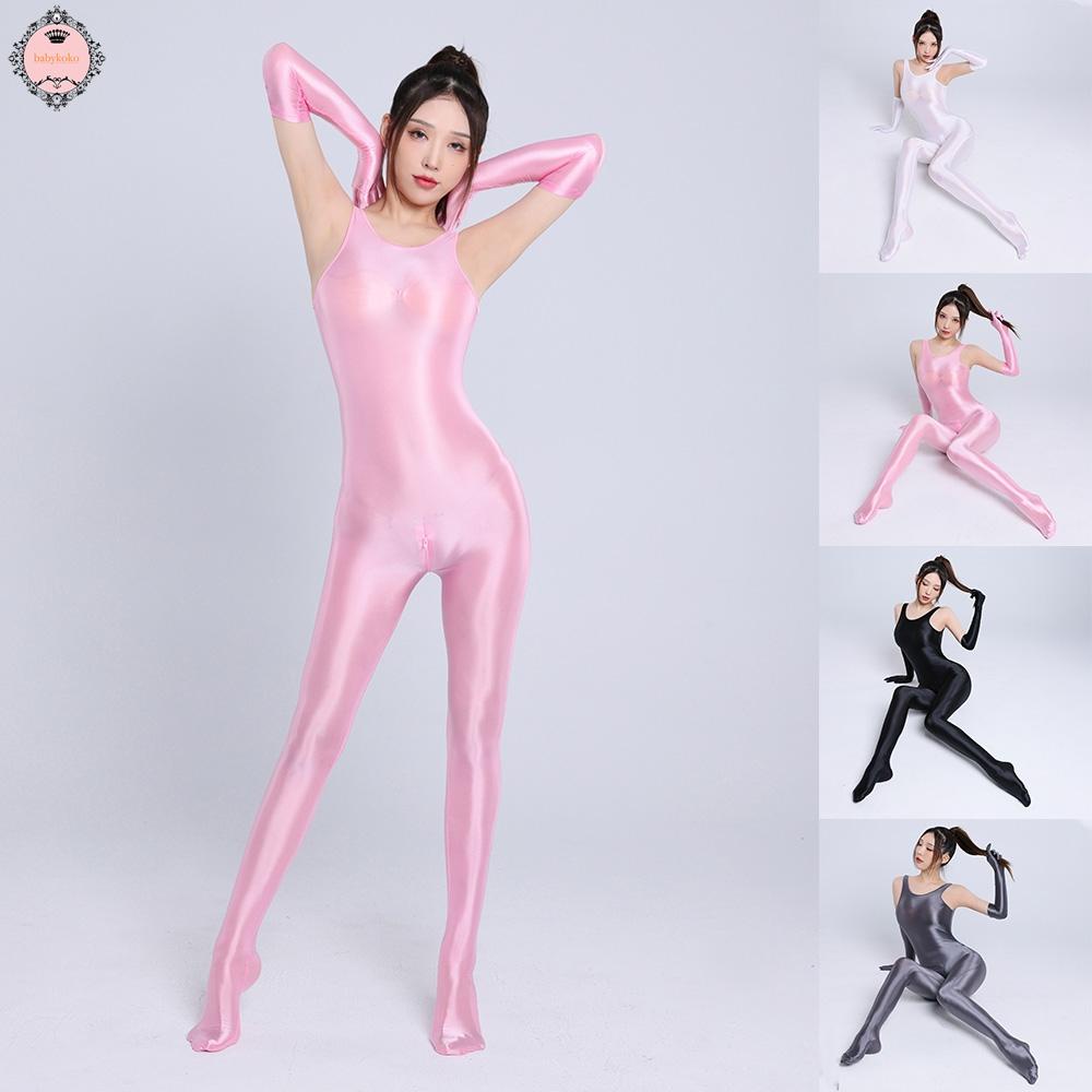womens-silky-bodystocking-shiny-glossy-zip-crotch-bodysuit-leotard-jumpsuit
