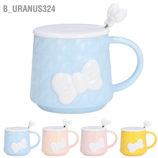 B_uranus324 400ml Cute Bowknot Ceramic Tea Milk Water Cup Coffee Mug with Lid Stainless Steel Spoon for Home Holiday Gifts