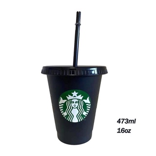 Starbucks แก้วฟางพลาสติกสีดำล้วนมีฝาปิด (บรรจุภัณฑ์กล่อง) สีดำ 473ML 700ML