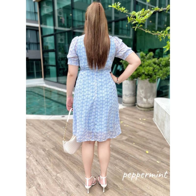 เดรสสาวอวบ-ไซส์-3xl-6xl-เดรสชีฟองมุกเนื้อดี-พริ้วๆลายดอกเล็ก-แต่งกระดุมมุก-นางแบบใส่งานจริง