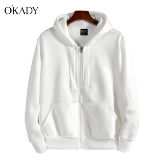 OKADY เสื้อฮู้ดซิปแขนยาวสีทึบซึ่งผู้ชายและผู้หญิงสามารถสวมใส่ได้ในทุกฤดูกาล เรียบง่าย ทันสมัย ​​และหล่อเหลา