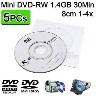 แผ่น Mini DVD-RW 1.4GB 30Min ขนาด 8cm ความเร็วในการเขียน 1-4x ใช้กับกล้อง Camcorder หรือใช้เก็บข้อมูล จำวน 5 แผ่น