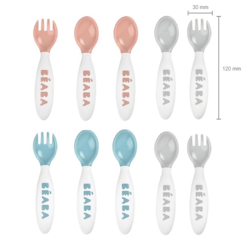 beaba-ชุดช้อนส้อม-10-ชิ้น-set-6-training-spoons-and-4-training-forks-for-2nd-age-light-blue-light-pink-grey