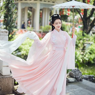 🔥Hot sale~ Hanfu นักเรียนหญิงชุดโบราณกระโปรงเอวยาวสีชมพูเสื้อแขนใหญ่หอมน้ำผึ้งวรรคเดียวกันกระโปรงนางฟ้าปรับปรุงสไตล์จีน