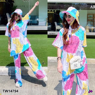 TW14794  Set 3 ชิ้น เสื้อคอกลมกุ้นคอ แขนสั้น กับกางเกงขายาว มีกระเป๋าล้วงข้าง + หมวกบักเกต