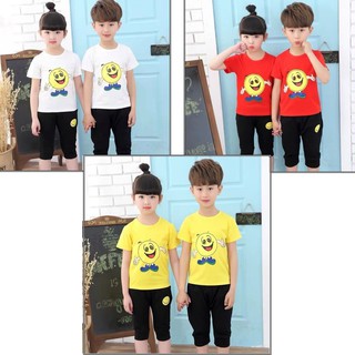ชุดเสื้อผ้าเด็ก แฟชั่น น่ารัก ลายการ์ตูนอมยิ้ม มีทั้งหมด 2 สี เหลือง / แดง / ขาว คละสีA0120