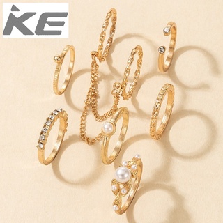 Open Ring Alloy Combination Ring Set Diamond Pearl Chain Tassel Linked Ring Set of 8 for girls