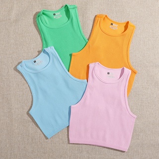 เสื้อครอปท็อปแขนกุด ผ้าถัก ไร้รอยต่อ สีพื้น แฟชั่นฤดูร้อน สําหรับผู้หญิง มี 14 สี