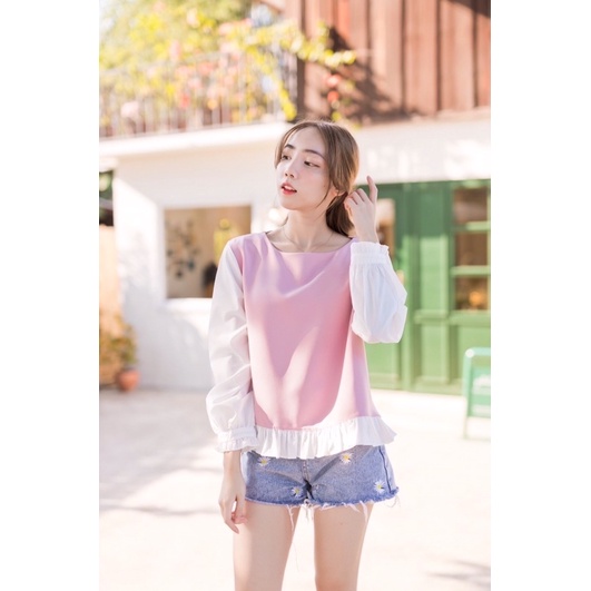 Numsha Brand เสื้อคอกลมแขนยาวทูโทนชายระบาย / NB21029 | Shopee Thailand