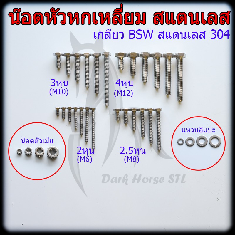 น๊อต-น็อต-สกรู-หัวหกเหลี่ยม-เกลียว-bsw-4หุน-m12-สแตนเลส-304-ราคาต่อชิ้น