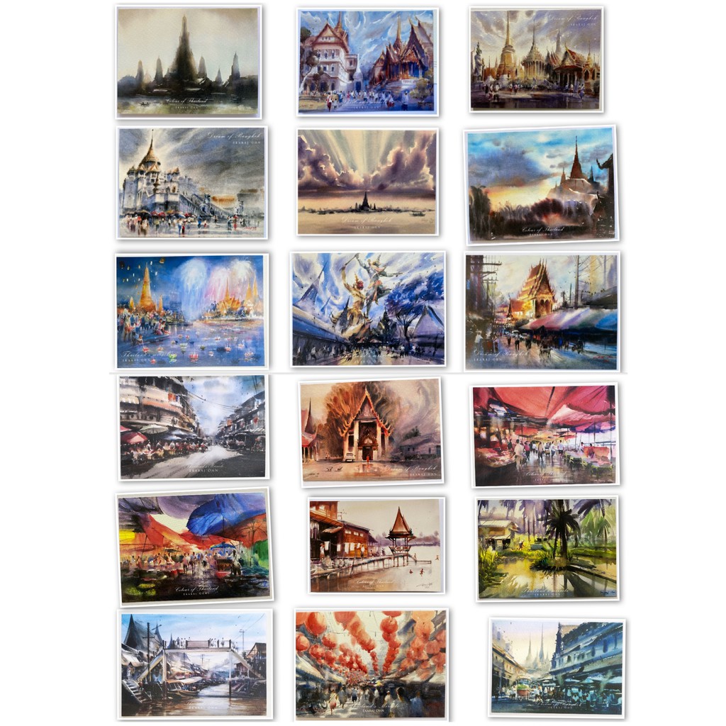 ราคาและรีวิวPostcard โปสการ์ดภาพวาดสีน้ำรวมภาพบรรยากาศวัดวังวิถีชีวิตในประเทศไทย