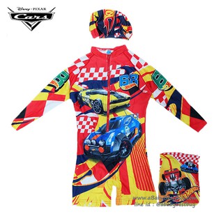 ชุดว่ายน้ำเด็กผู้ชาย Disney cars ชุดบอดี้สูทเสื้อแขนยาวกางเกงขาสั้น มาพร้อมหมวกว่ายน้ำและถุงผ้า ใส่สบาย ลิขสิทธิ์แท้
