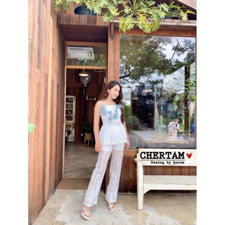 Chertam: Set 2 ชิ้นเสื้อสายเดี่ยวขนนก +กางเกงขายาว ทำจากขนนกแท้ๆเรยน๊าส์