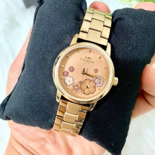 (ผ่อน0%) นาฬิกา สแตนเลส สีทอง 🌸Coach🌸Womens Grand Watch Quartz Mineral Crystal🌺#14503056 หน้าปัด ลายดอกไม้ 28 มม.